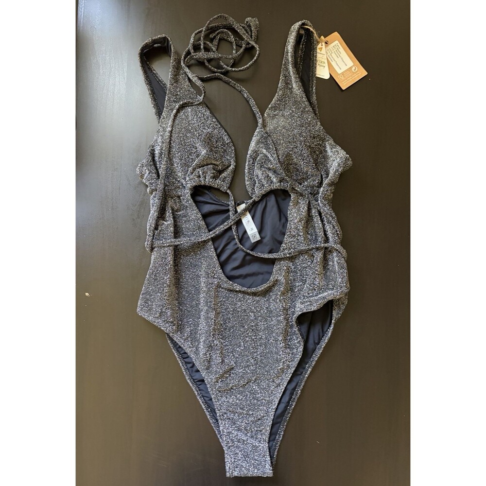 BERLOOK Metallic Lurex Cutout One Piece Swimsuit XL NWT Plunge Tie Sparkle